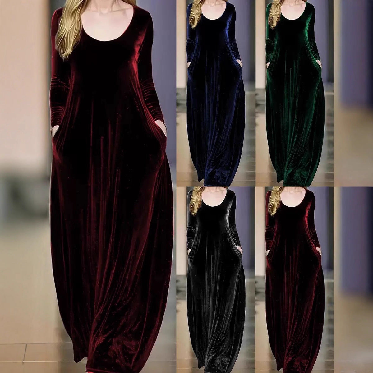 Women's maxi dress in velvety material with practical pockets NOVAE