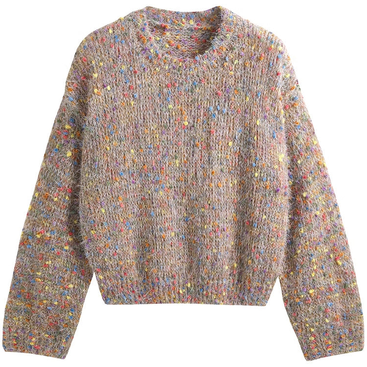 Women's fashionable sweater with colorful textured knit and round neckline NOVAE