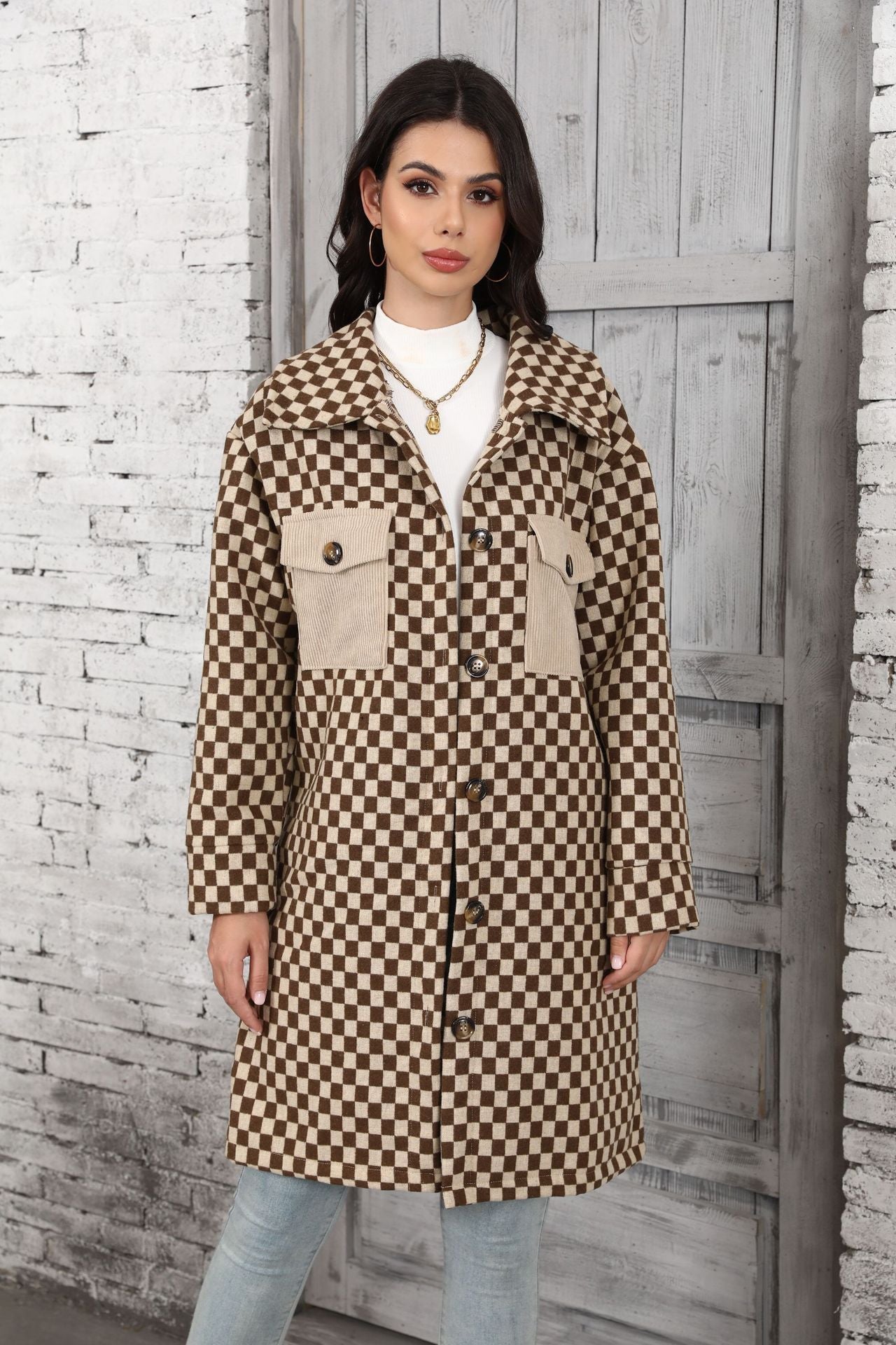 Women's Checked Overshirt Jacket with Pockets and Button Details NOVAE