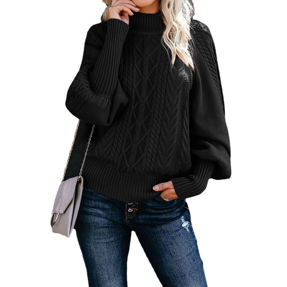 Women's chunky knit sweater with high collar and balloon sleeves NOVAE