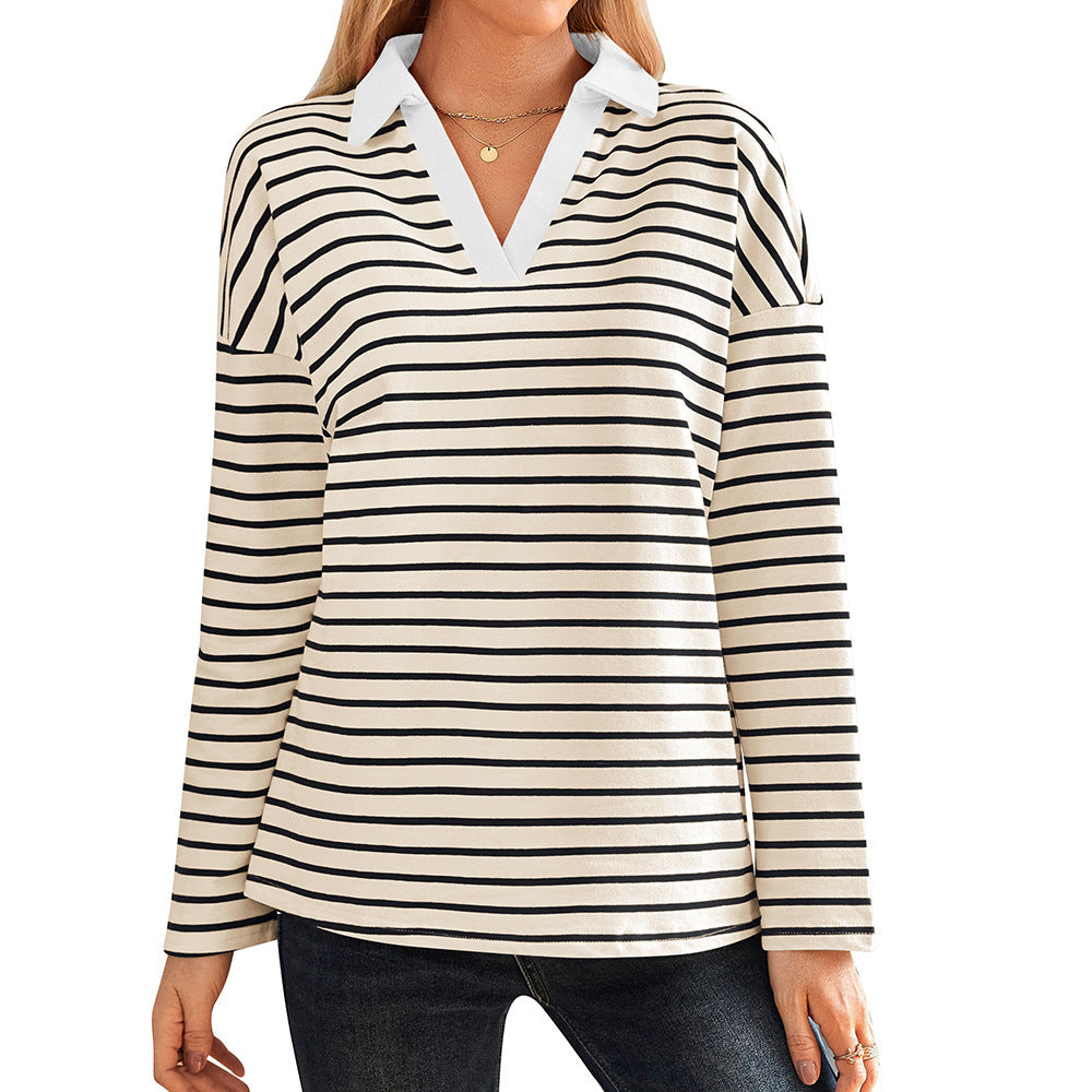 Women's striped polo shirt with V-neck and contrasting collar NOVAE