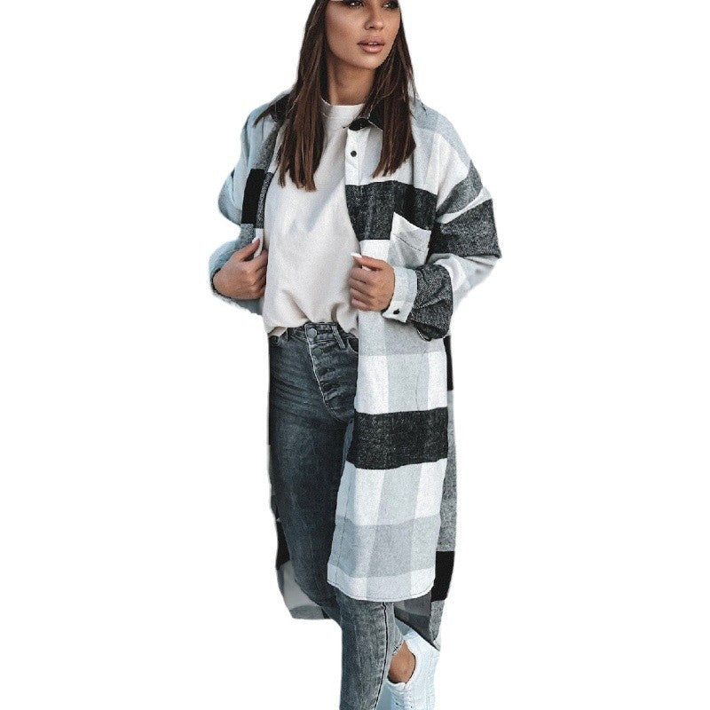 Women's Long Check Winter Coat with Button-Down Design and Loose Fit NOVAE