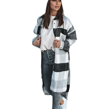 Women's Long Check Winter Coat with Button-Down Design and Loose Fit NOVAE