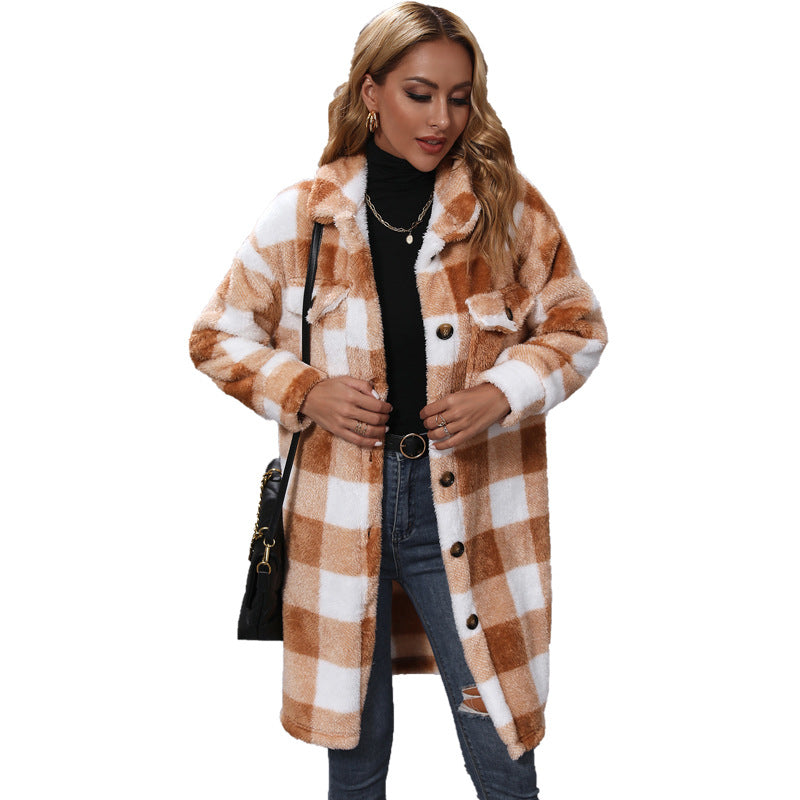 Women's plush winter jacket with checkered design and practical pockets NOVAE