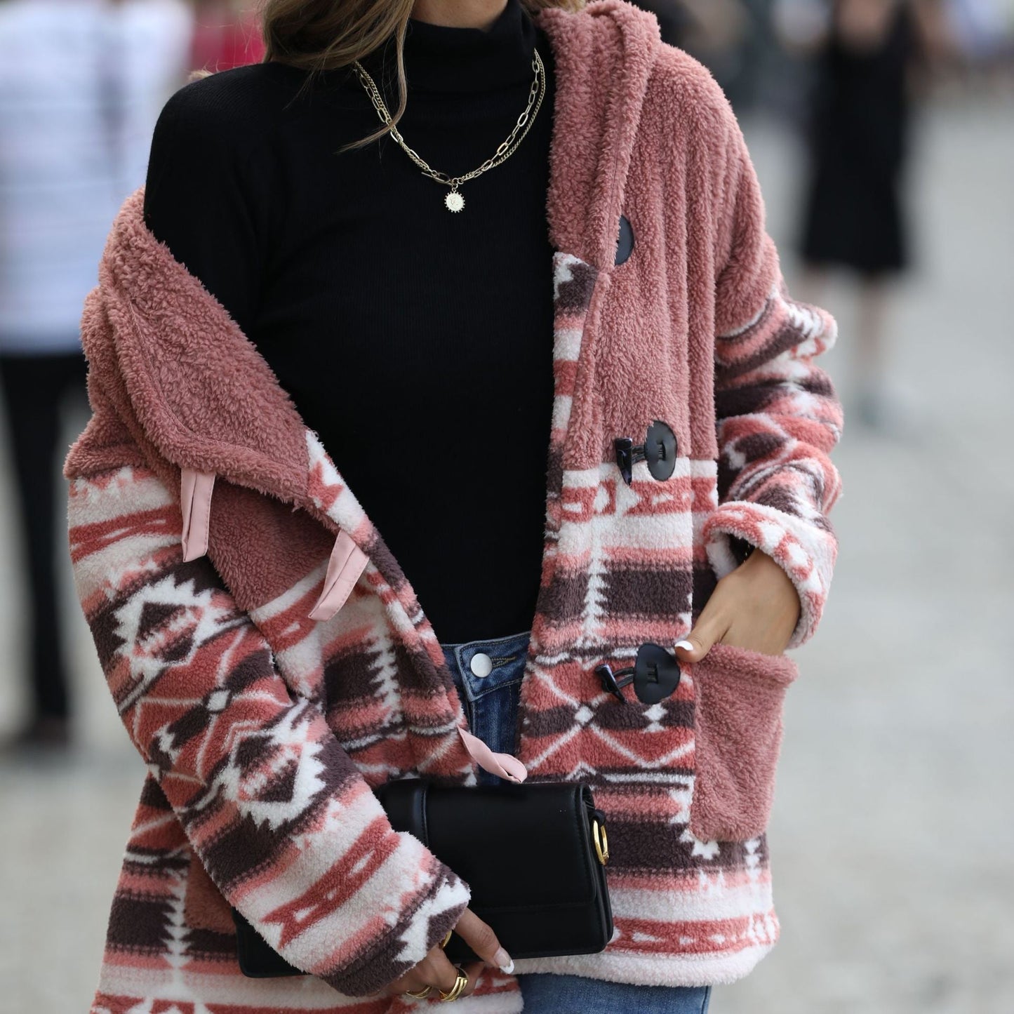 Women's plush jacket with traditional pattern and practical pockets NOVAE