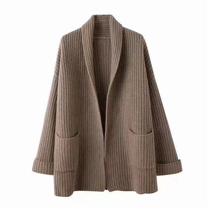 Women's chunky knit cardigan with elegant lapels and waist belt NOVAE