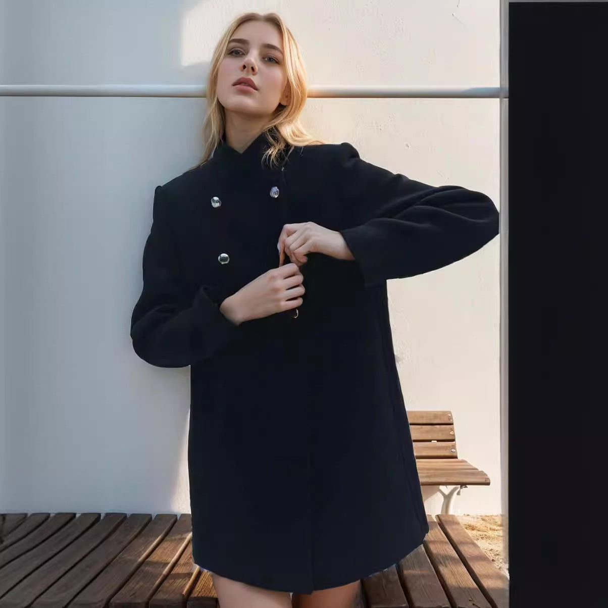 Women's fashionable short coat with double-breasted front and elegant stand-up collar NOVAE