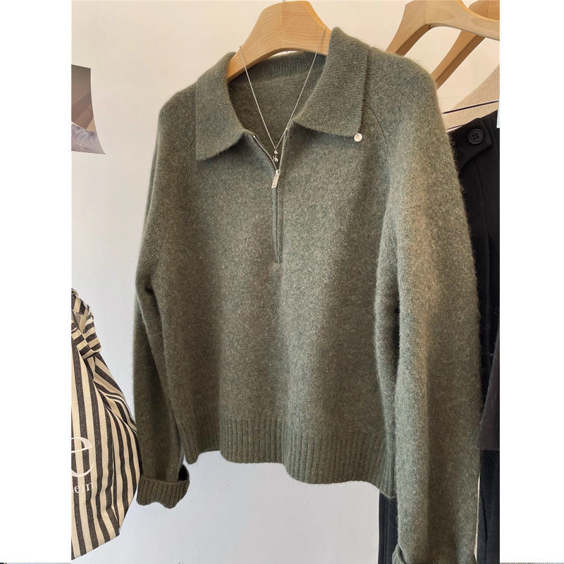 Women's Cozy Sweater with Stand-Up Collar and Short Zipper NOVAE