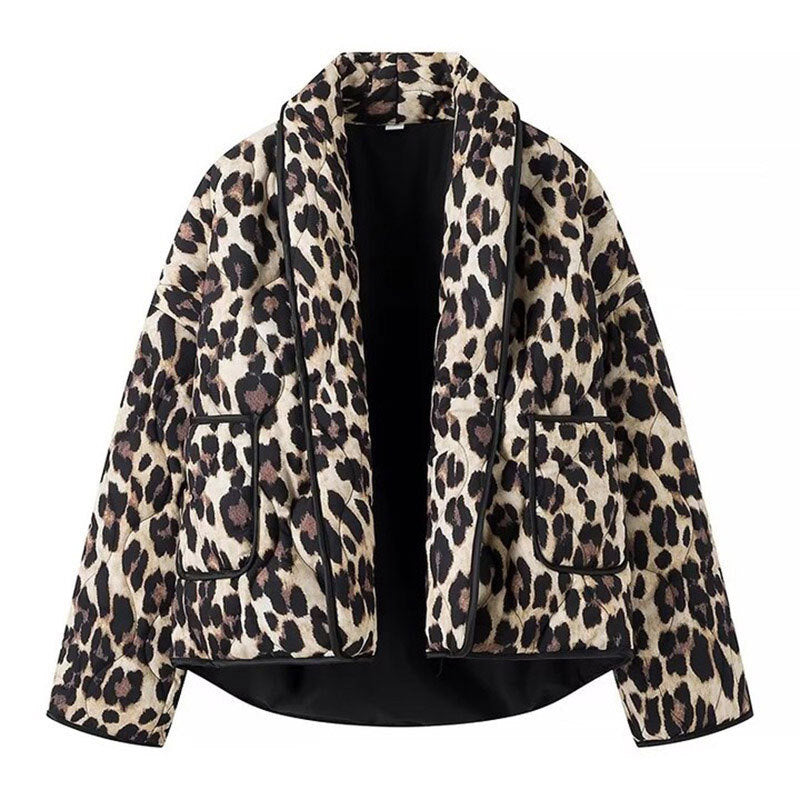 Women's fashionable quilted jacket with leopard print and pockets NOVAE