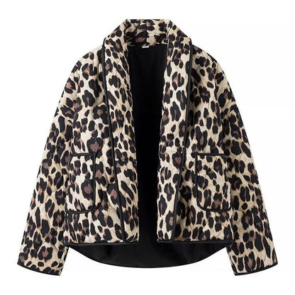Women's fashionable quilted jacket with leopard print and pockets NOVAE