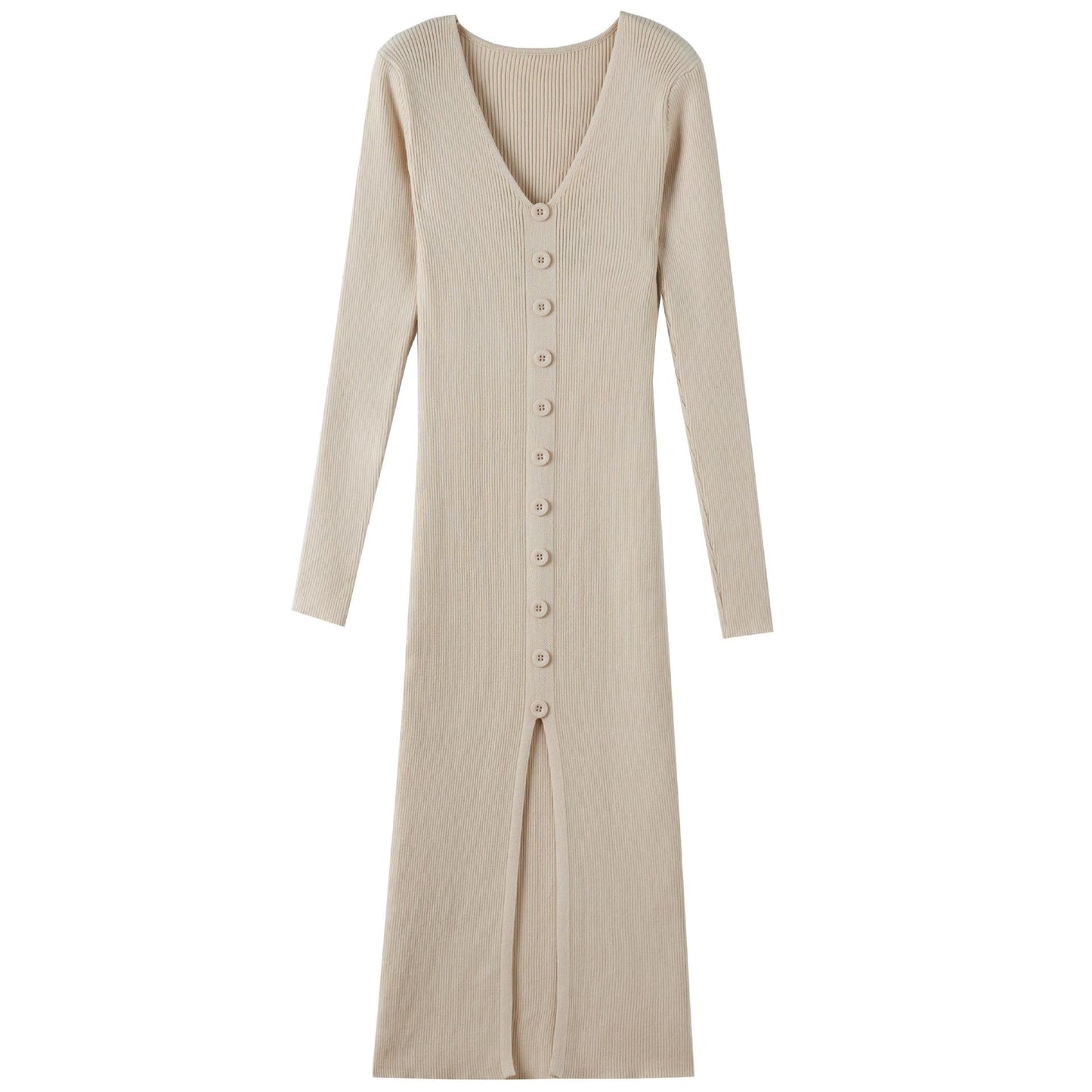 Women's Long-Sleeved Maxi Dress with Ribbed Texture and Button Detail NOVAE