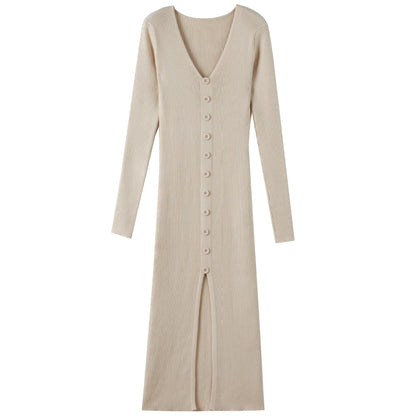 Women's Long-Sleeved Maxi Dress with Ribbed Texture and Button Detail NOVAE