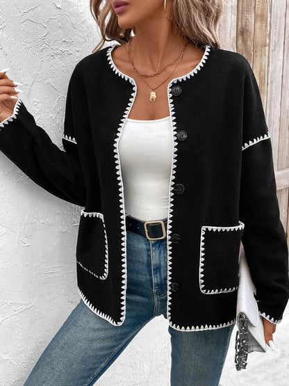 Women's fashionable cardigan with decorative contrast trim and large pockets NOVAE