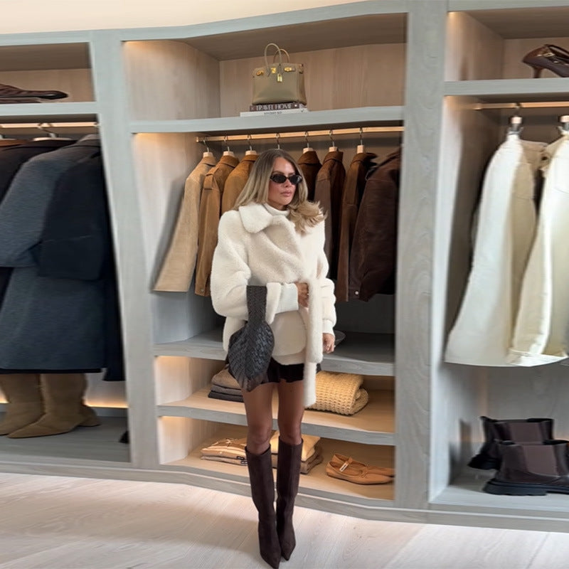 Women's Fluffy Short Sleeve Pullover Jacket with Wide Belt NOVAE