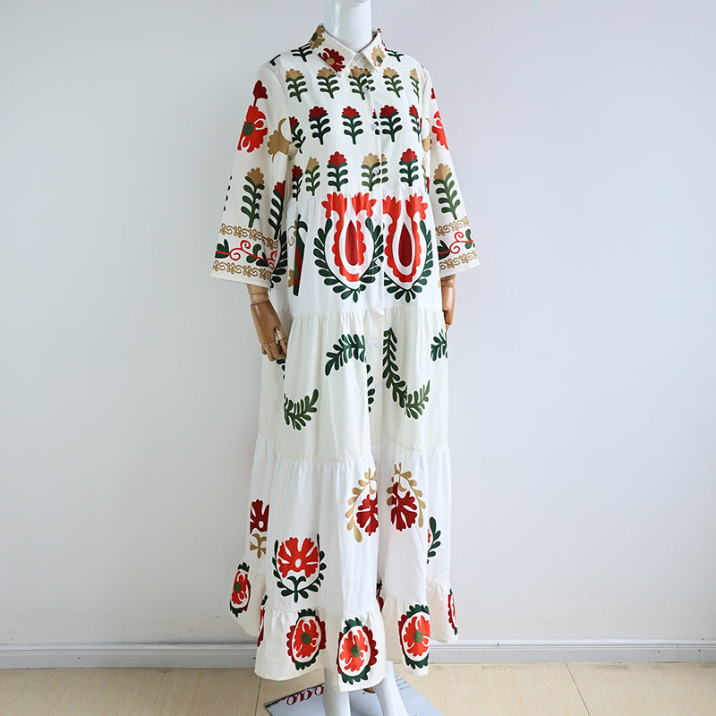 Women's Long Sleeve Partial Check Dress with Floral Embroidery NOVAE