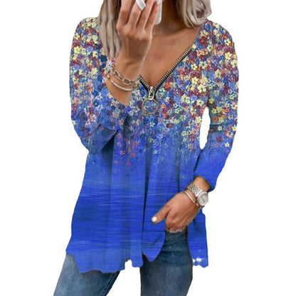 Women's long-sleeved shirt with colorful floral pattern and modern zipper NOVAE