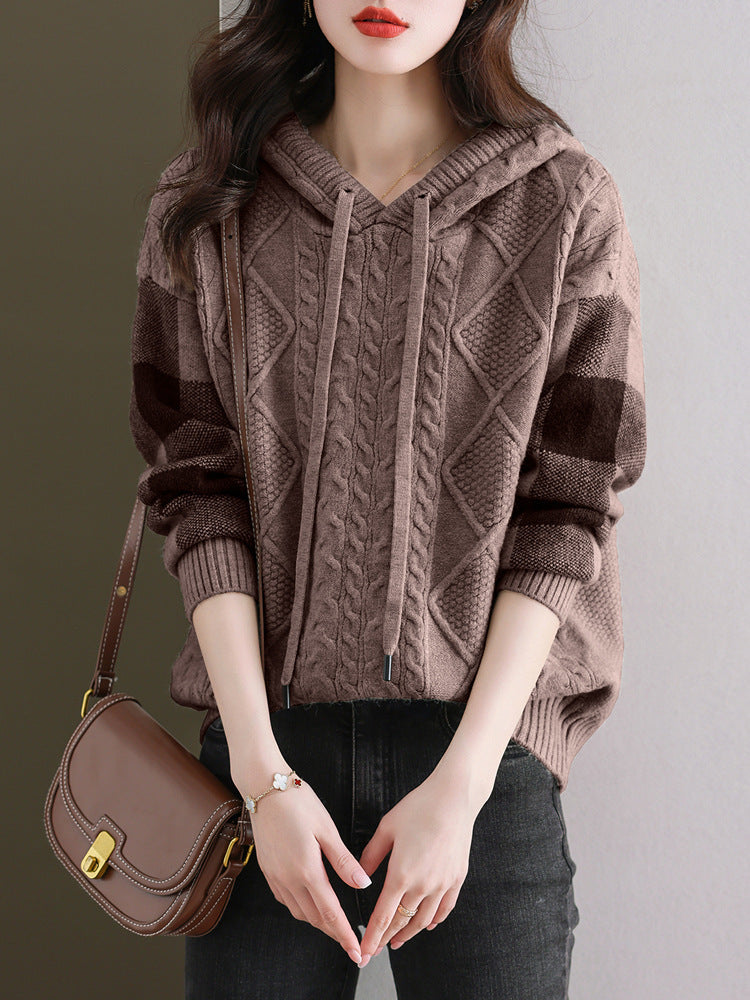 Women's knitted sweater with hood and fashionable check pattern NOVAE