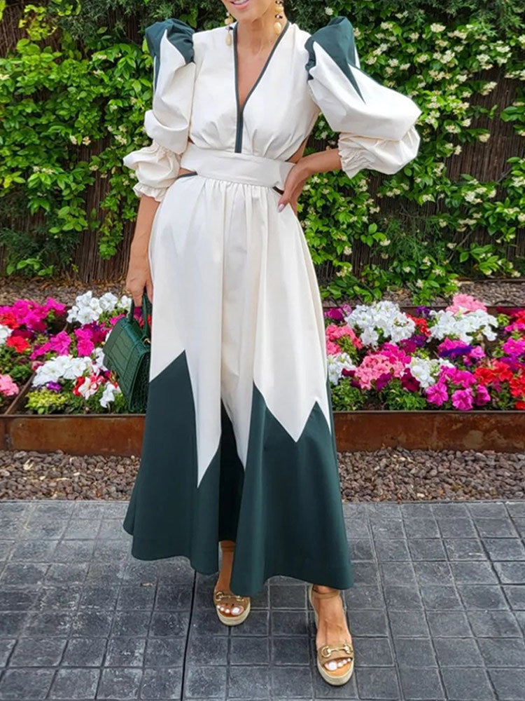 Women's maxi dress with ballet-style puff sleeves and V-neck NOVAE