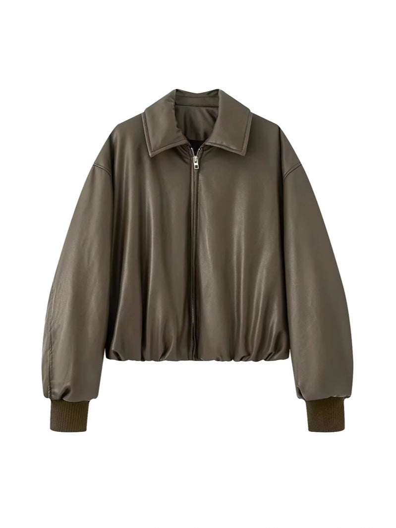 Women's casual faux leather jacket with a voluminous cut and practical pockets NOVAE