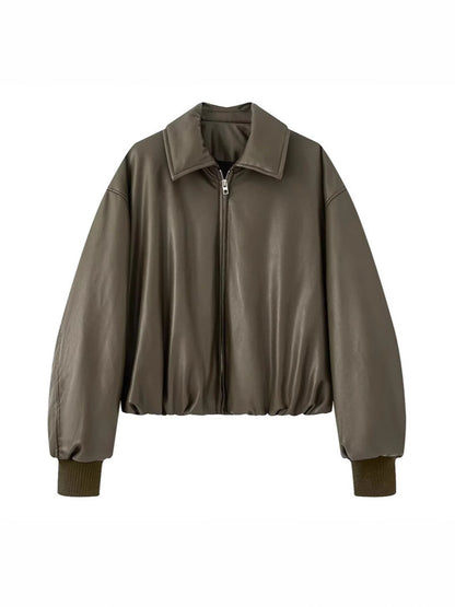 Women's casual faux leather jacket with a voluminous cut and practical pockets NOVAE