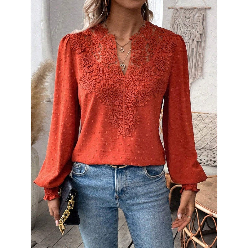 Women's blouse with embroidered V-neck and long sleeves NOVAE