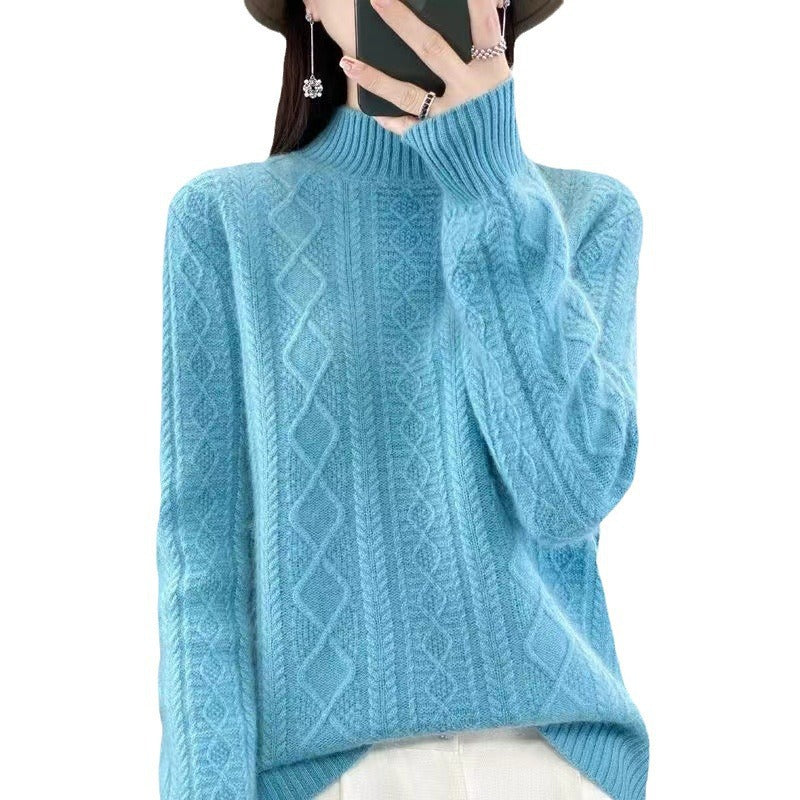 Women's High-Quality Knit Sweater with Stand-Up Collar and Cable Knit Design NOVAE