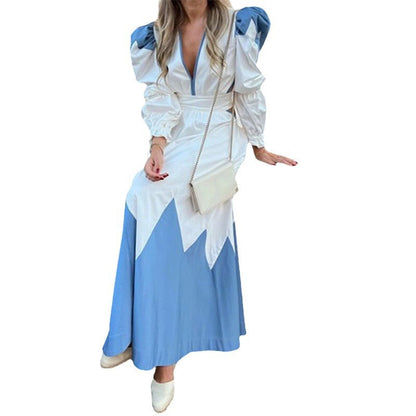 Women's maxi dress with ballet-style puff sleeves and V-neck NOVAE