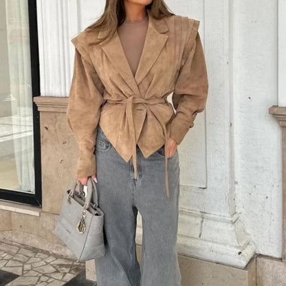 Women's Fashionable Suede Jacket with Waist Belt NOVAE