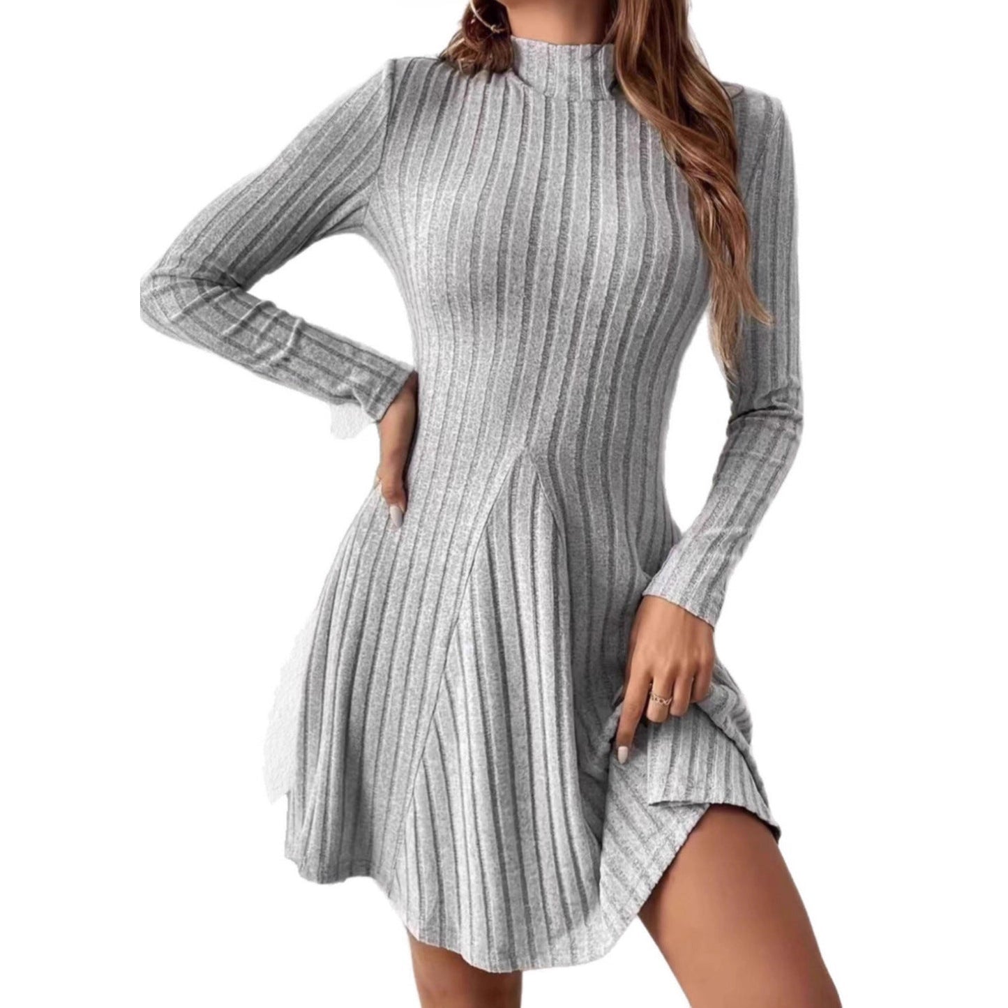 Women's knit dress with elegant stand-up collar and fine rib structure NOVAE