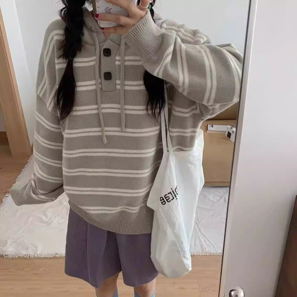 Women's casual striped sweater with button placket and hood NOVAE
