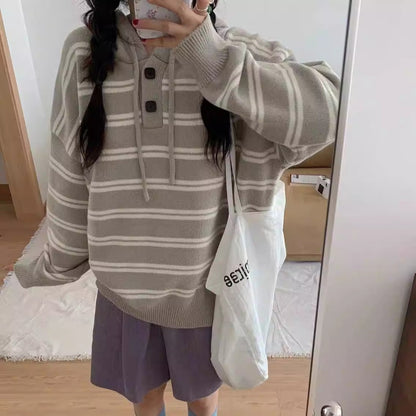 Women's casual striped sweater with button placket and hood NOVAE