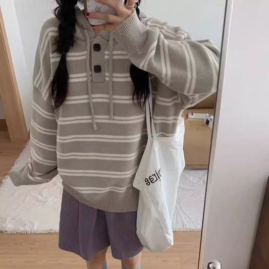 Women's casual striped sweater with button placket and hood NOVAE