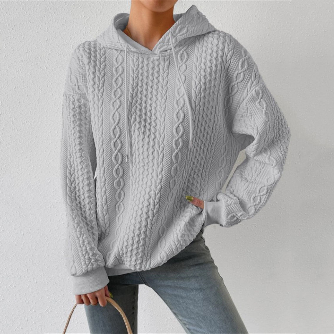 Women's High-Quality Knitted Sweater with Hood and Decorative Cable Pattern NOVAE