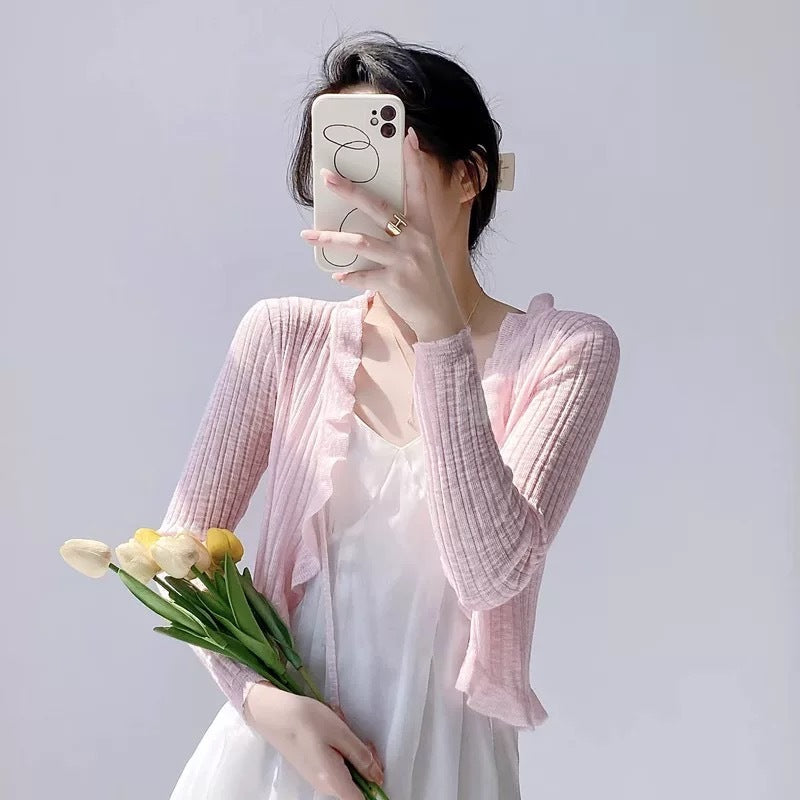 Women's cardigan with ruffle details and airy structure NOVAE