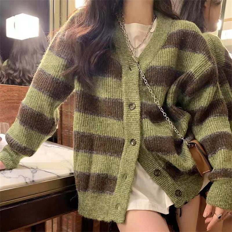 Women's chunky knit cardigan with fashionable striped pattern and casual cut NOVAE