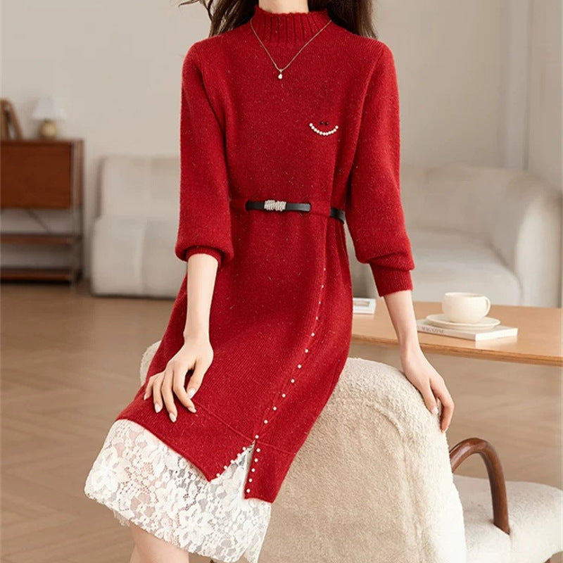 Women's knit dress with decorative button details and lace NOVAE