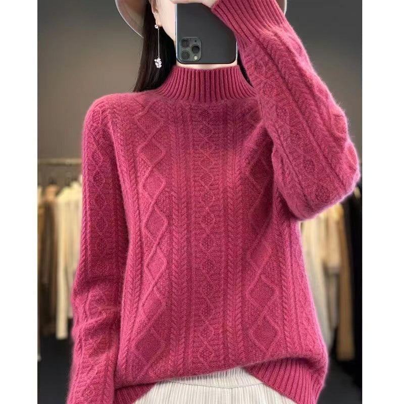 Women's High-Quality Knit Sweater with Stand-Up Collar and Cable Knit Design NOVAE