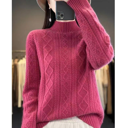 Women's High-Quality Knit Sweater with Stand-Up Collar and Cable Knit Design NOVAE