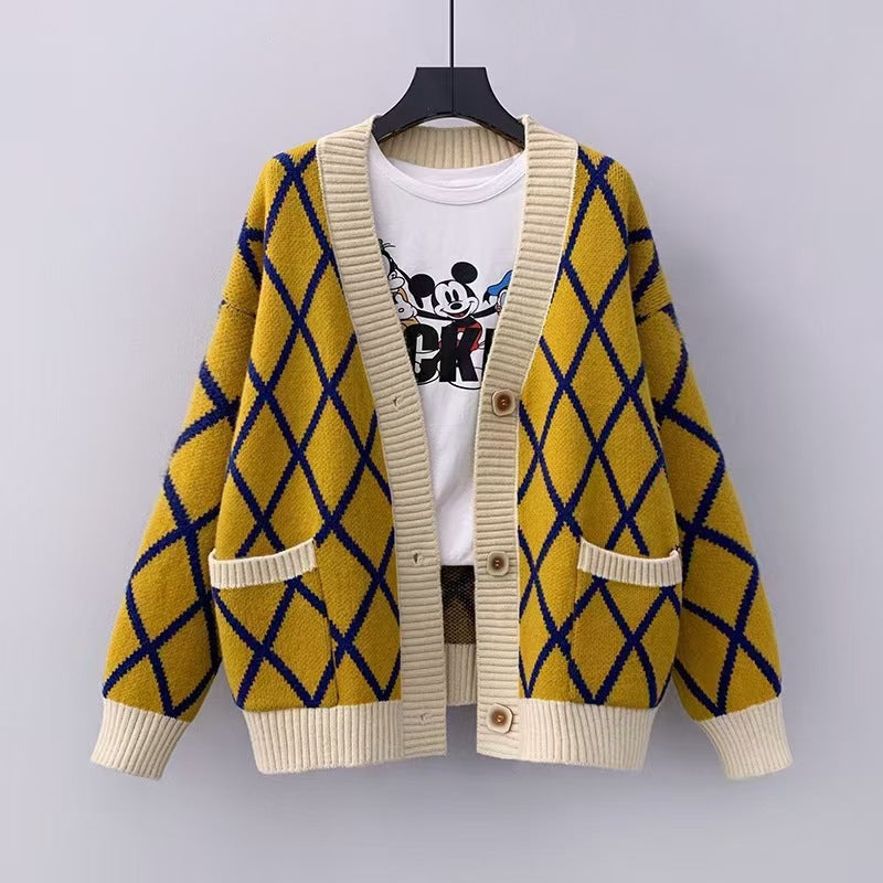Women's chunky knit cardigan with check pattern NOVAE
