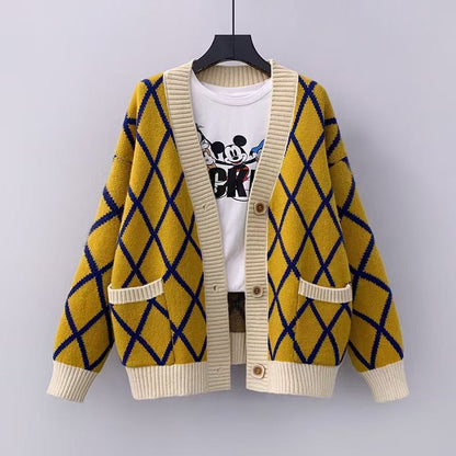 Women's chunky knit cardigan with check pattern NOVAE