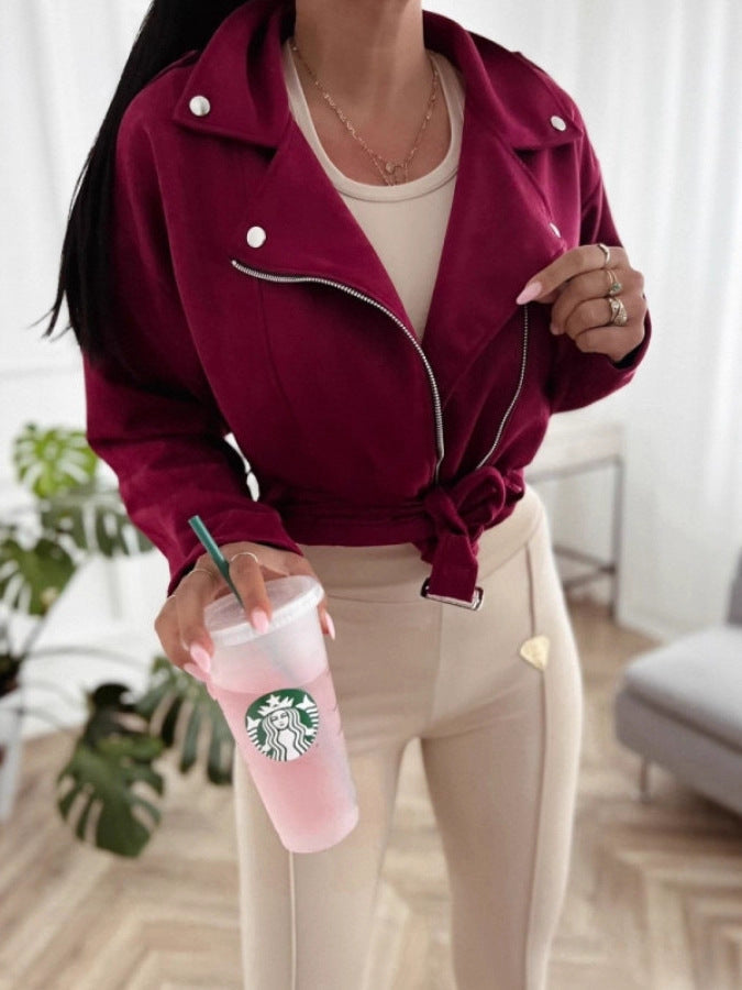 Women's Casual Biker-Style Transitional Jacket with Waist Belt NOVAE