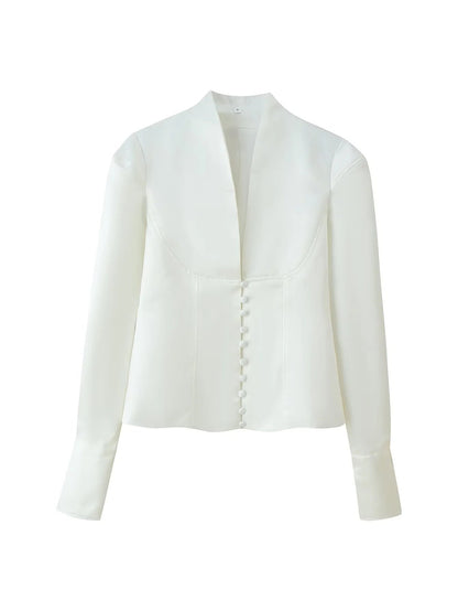 Women's fitted blouse with modern button details and stand-up collar NOVAE