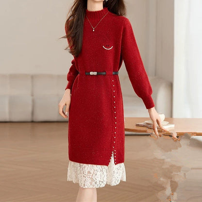 Women's knit dress with decorative button details and lace NOVAE