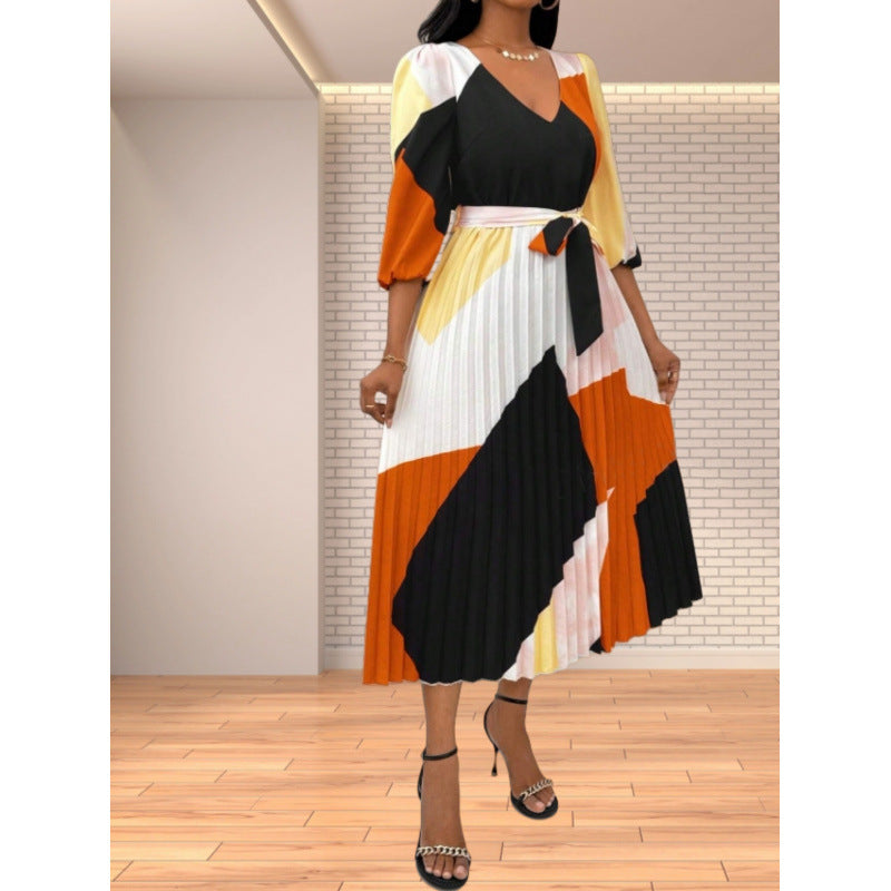 Women's pleated midi dress with V-neck and colorful pattern NOVAE