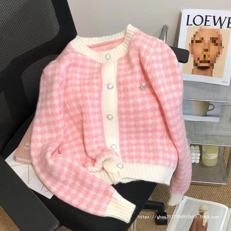Women's soft cardigan with textured check pattern and hearts NOVAE