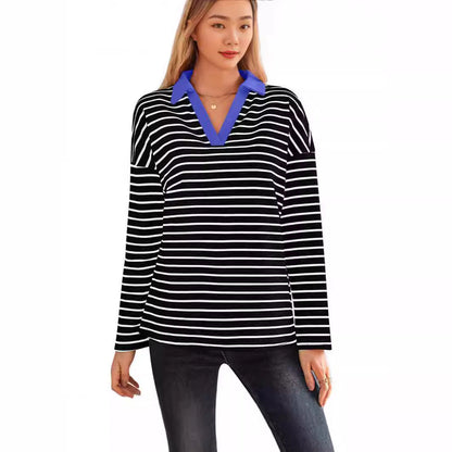 Women's striped polo shirt with V-neck and contrasting collar NOVAE