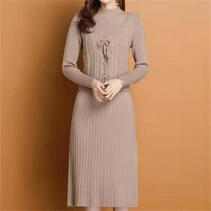 Women's elegant knit dress with high neckline and decorative cable design NOVAE