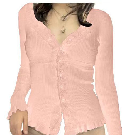 Women's knitted top with romantic lace trim and ruffle details NOVAE