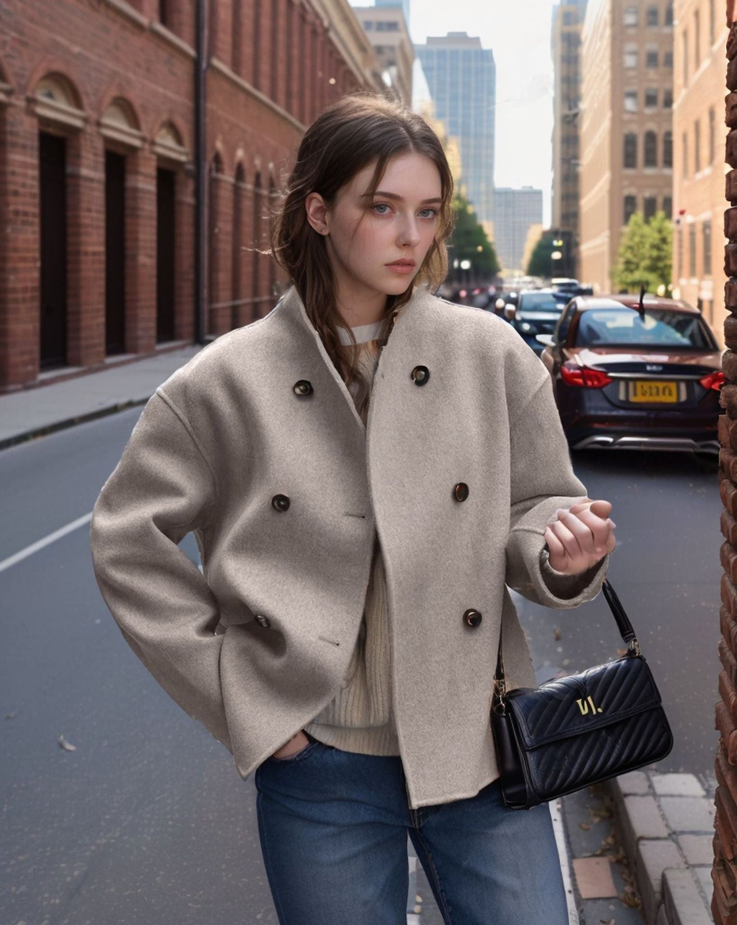 Women's fashionable short jacket with double-breasted button closure and casual sleeves NOVAE