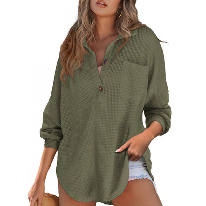 Women's casual waffle shirt with stand-up collar and button placket NOVAE